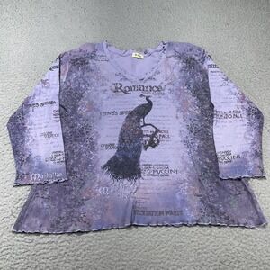 Cactus Shirt Womens 1X Plus Purple Peacock Graphic Rhinestone Long Sleeve